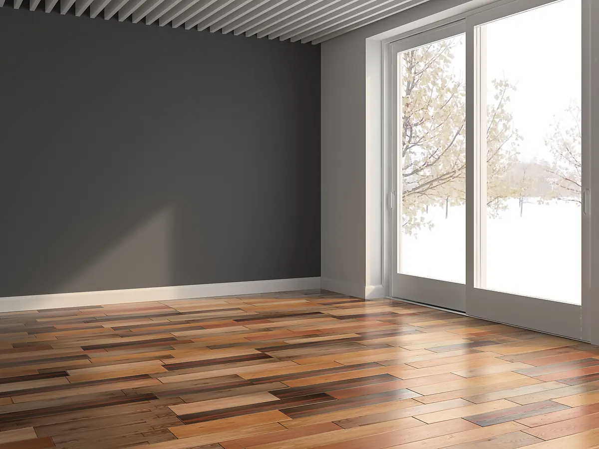 Hardwood floor in a Sioux Falls, SD room with snow outside during the dry winter heating season