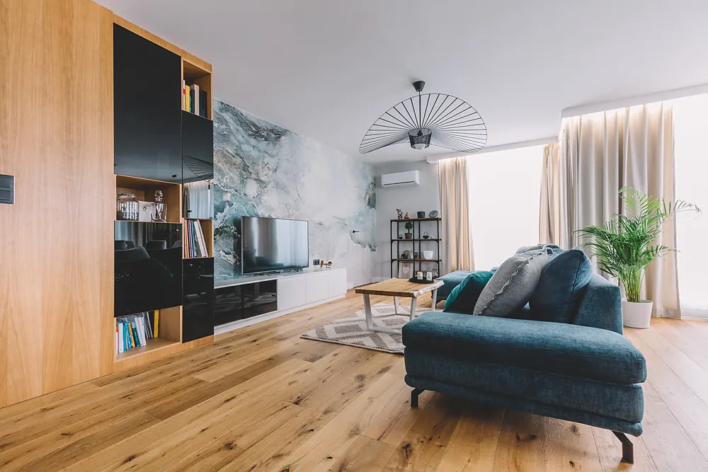 Light oak wide-plank hardwood floor in a modern Sioux Falls, SD living room